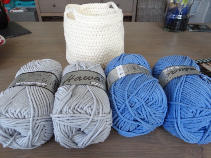 Yarn for the baskets, with one already done (I couldn't help myself and they're rather quick to work up)